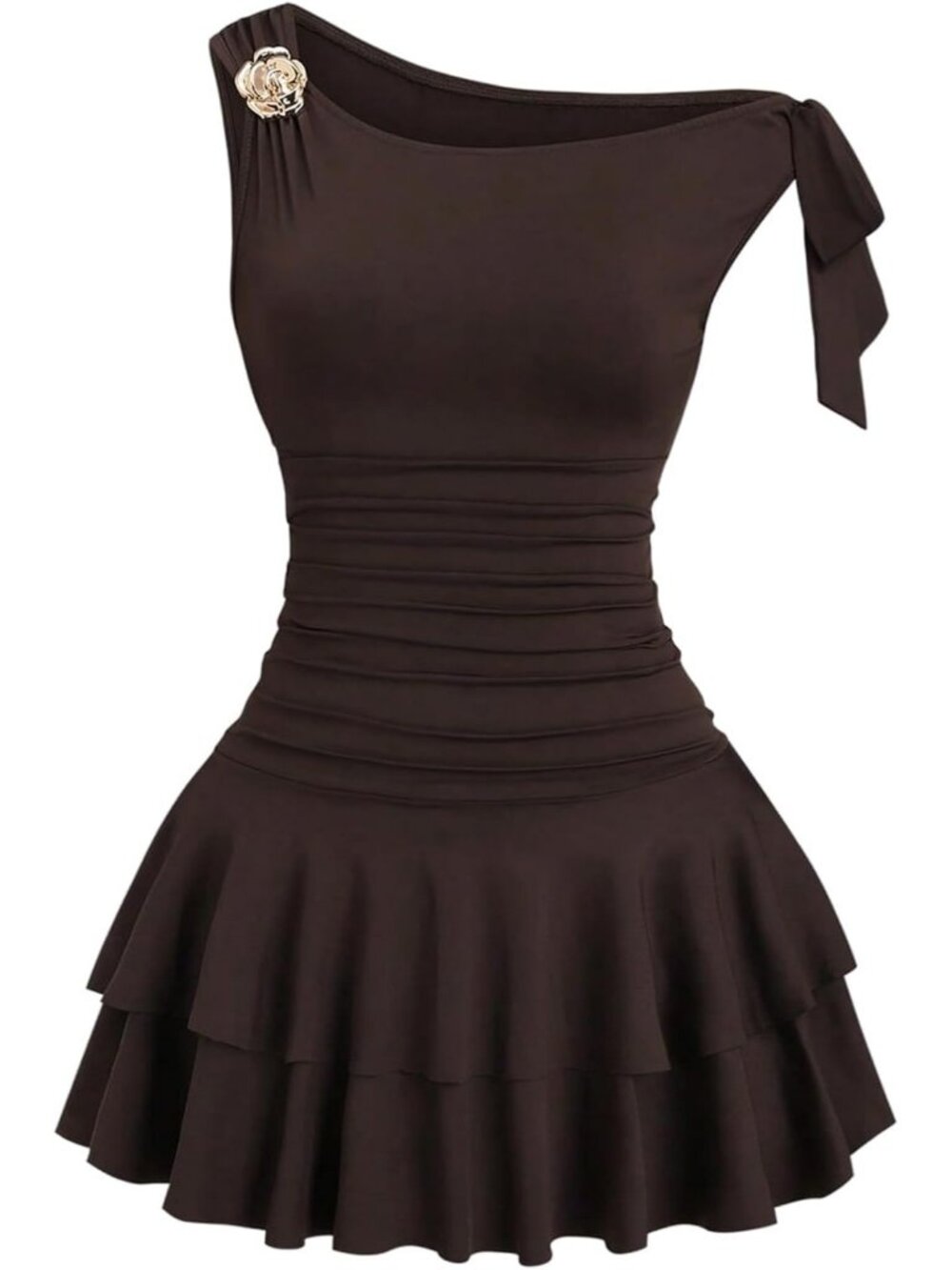 Women's Mini Dress Coffee Off Shoulder Neck A-line Sleeveless Bodycon Pull Over